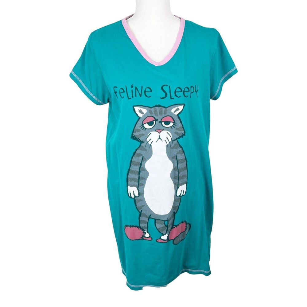 Lazy One Sleep Shirt Dress Women Small Green Pink Feline Sleepy Cat Bedroom